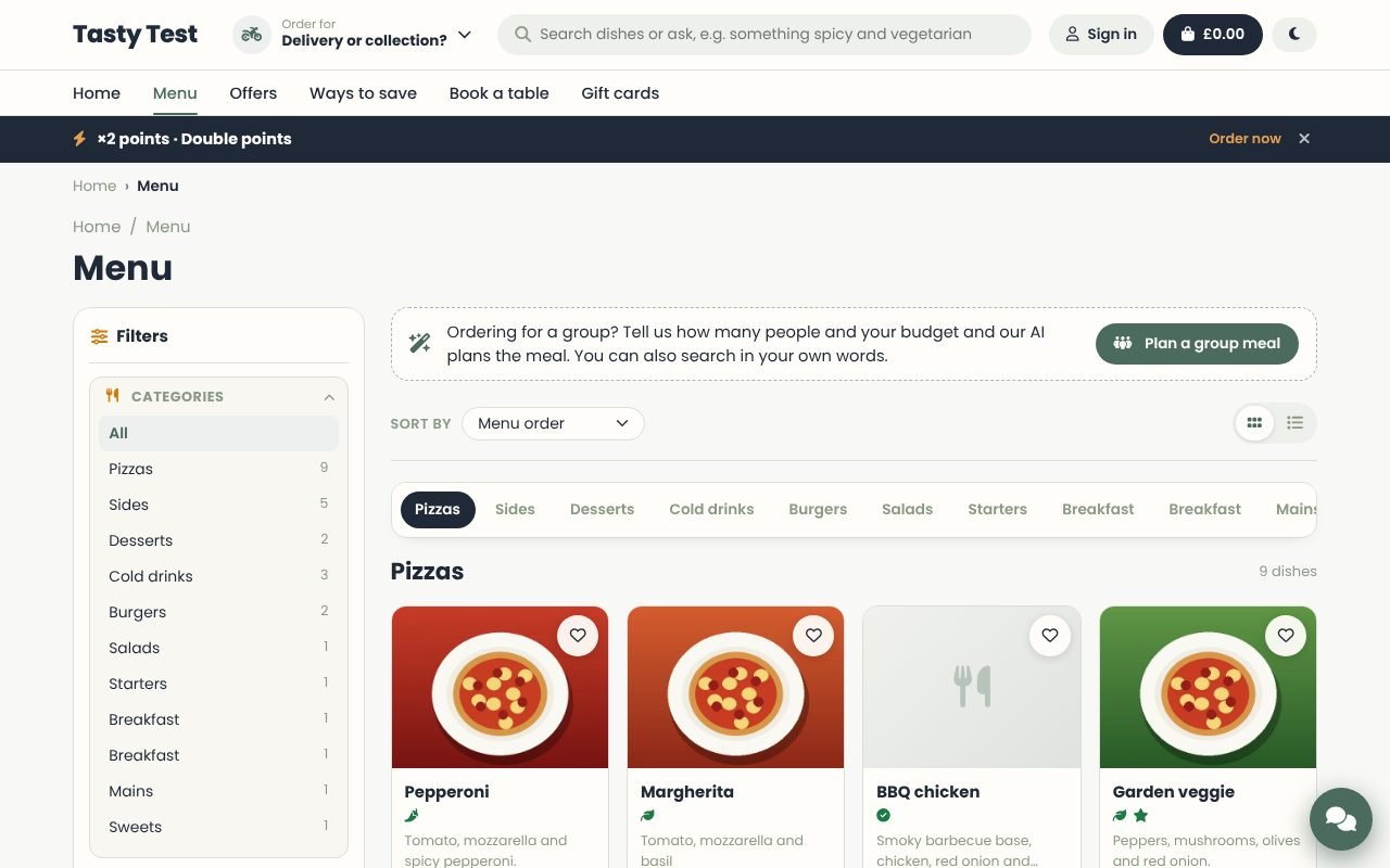 The online menu customers see, with categories, filters and dish cards